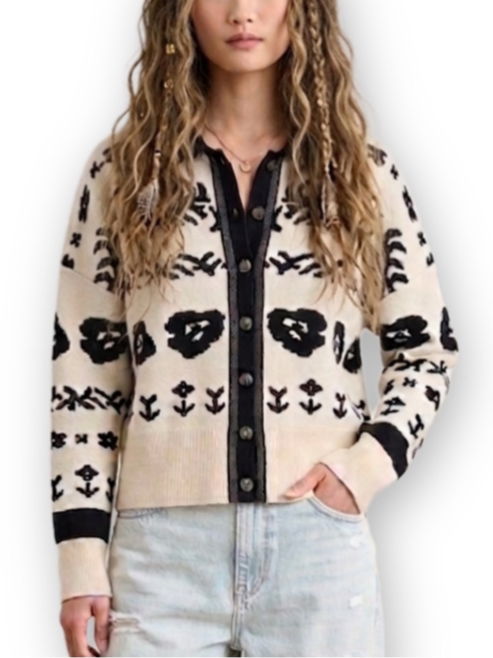 Boutique Size M Black & Cream Boho Collared Floral Oversized Sweater Cardigan